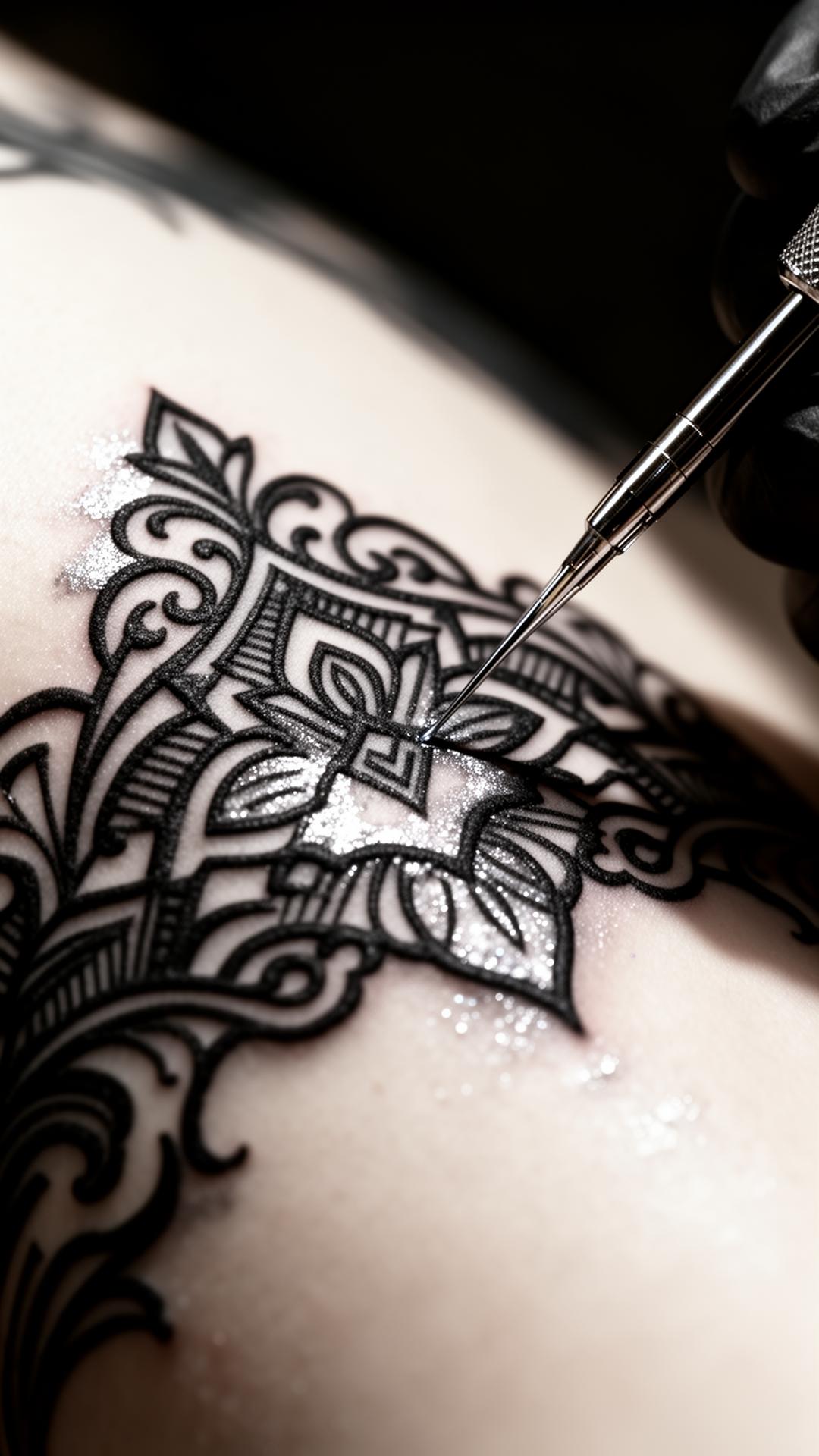 Detail of fine-line tattoo work